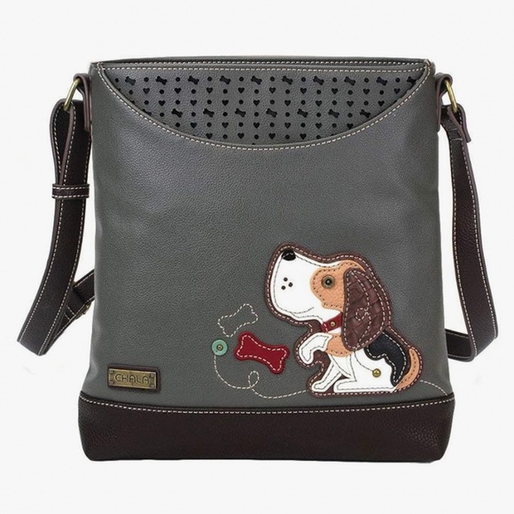 Chala Handbags - Chala Handbags Gray Messenger Crossbody – Dog Appliqué, Vegan Leather